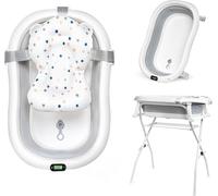 moovkee. Baignoire Bebe avec Support 80cm - Gris Baignoire Pliable Bébé sur Pied avec Thermomètre, Coussin de Bain et Kit De Drainage - Sécurisée et Confortable Bassine Pliable Bebe