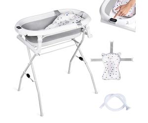 moovkee. Baignoire Bebe avec Support 80cm - Gris Baignoire Pliable Bébé sur Pied avec Thermomètre, Coussin de Bain et Kit De Drainage - Sécurisée et Confortable Bassine Pliable Bebe