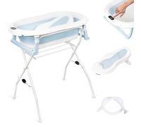 moovkee. Baignoire Bebe avec Support - Siège de Bain et Kit De Drainage | 80cm, Bleu Baignoire Pliable Bébé sur Pied avec Thermomètre, Sécurisée et Confortable Bassine