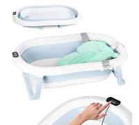 moovkee. Baignoire Pliable Bébé avec Thermomètre et Coussin de Bain - Bleu | 80cm pour Les Enfants de 0-3 Ans, Bath Tub Parfait pour Un Cadeau de Baby Shower