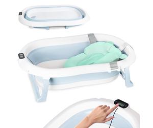moovkee. Baignoire Pliable Bébé avec Thermomètre et Coussin de Bain - Bleu Baignoire Bebe 80cm pour Les Enfants de 0-3 Ans - Bath Tub Parfait pour Un Cadeau de Baby Shower