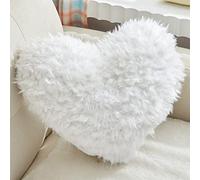 MOOWOO Décoration de Saint-Valentin, Coussin Moelleux en Forme de cœur avec Housse de Coussin et Insert, Fausse Fourrure à Poils Longs, décorations de Noël (Blanc, Forme de cœur, 40 x 40 cm)