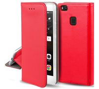 Moozy Case Flip Cover pour Huawei P9 Lite, Rouge - Étui à Rabat Magnétique Intelligent avec Porte-Cartes et Support