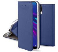 Moozy Case Flip Cover pour Huawei Y6 2019, Bleu foncé - Étui à rabat magnétique intelligent avec porte-carte et support