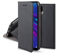 Moozy Case Flip Cover pour Huawei Y6 2019, Noir - Étui à Rabat Magnétique Intelligent avec Porte-Cartes et Support