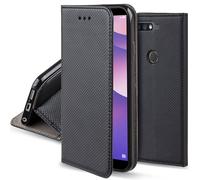 Moozy Case Flip Cover pour Huawei Y7 Prime 2018, Huawei Nova 2 Lite, Noir - Étui à Rabat Magnétique Intelligent avec Porte-Cartes et Support