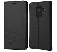 Moozy Case Flip Cover pour Samsung A8 2018, Noir - Étui à Rabat Magnétique Intelligent avec Porte-Cartes et Support