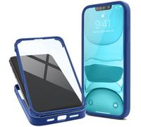 Moozy Coque 360 pour iPhone 14 - Coque transparente à bord bleu, protection intégrale double face, coque avec protecteur d'écran intégré