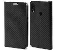 Moozy Coque A Rabat Pour Huawei Y6 2019, Carbone Noir ? Protection De Contour Métallique