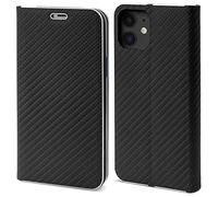 Moozy Coque a Rabat pour iPhone 12, iPhone 12 Pro, Carbone Noir - Protection de Contour Métallique Housse Étui Portefeuille avec Porte-Cartes