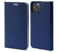 Moozy Coque a Rabat pour iPhone 13 Pro, Carbone Bleu Foncé - Protection de Contour Métallique Housse Étui Portefeuille avec Porte-Cartes
