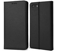 Moozy Coque a Rabat pour iPhone SE, iPhone 5s, Noir - Housse Étui Fin Smart Magnétique avec Porte-Cartes et Support