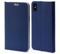 Moozy Coque a Rabat pour iPhone X, iPhone XS, Carbone Bleu Foncé - Protection de Contour Métallique Housse Étui Portefeuille avec Porte-Cartes