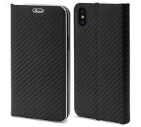 Moozy Coque a Rabat pour iPhone X, iPhone XS, Carbone Noir - Protection de Contour Métallique Housse Étui Portefeuille avec Porte-Cartes