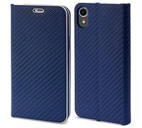 Moozy Coque a Rabat pour iPhone XR, Carbone Bleu Foncé - Protection de Contour Métallique Housse Étui Portefeuille avec Porte-Cartes
