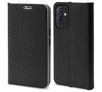 Moozy Coque a Rabat pour OnePlus 9 Pro, Carbone Noir - Protection de Contour Métallique Housse Étui Portefeuille avec Porte-Cartes