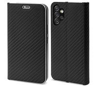 Moozy Coque a Rabat pour Samsung A13, Carbone Noir - Protection de Contour Métallique Housse Étui Portefeuille avec Porte-Cartes
