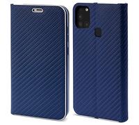 Moozy Coque a Rabat pour Samsung A21s, Carbone Bleu Foncé - Protection de Contour Métallique Housse Étui Portefeuille avec Porte-Cartes
