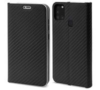Moozy Coque a Rabat pour Samsung A21s, Carbone Noir - Protection de Contour Métallique Housse Étui Portefeuille avec Porte-Cartes