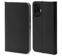 Moozy Coque a Rabat pour Xiaomi 11T et 11T Pro, Carbone Noir - Protection de Contour Métallique Housse Étui Portefeuille avec Porte-Cartes