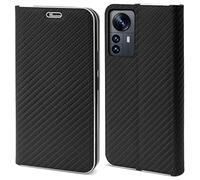 Moozy Coque a Rabat pour Xiaomi 12 Pro, Carbone Noir - Protection de Contour Métallique Housse Étui Portefeuille avec Porte-Cartes