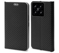Moozy Coque a Rabat pour Xiaomi 14, Carbone Noir - Protection de Contour Métallique Housse Coque pour xiaomi14 Étui Portefeuille avec Porte-Cartes