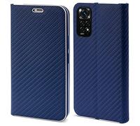 Moozy Coque a Rabat pour Xiaomi Redmi Note 11 / 11S, Carbone Bleu Foncé - Protection de Contour Métallique Housse Étui Portefeuille avec Porte-Cartes