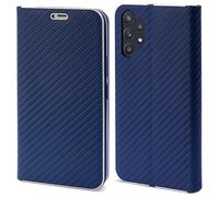 Moozy Étui portefeuille pour Samsung a32 5g, Carbone - Étui à rabat avec bordure métallique, fermeture magnétique, porte-cartes et fonction béquille, bleu foncé
