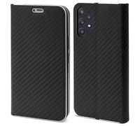 Moozy Coque pour Samsung a32 5g a Rabat, Carbone - Protection de Contour Métallique Housse Étui Portefeuille avec Porte-Cartes, Noir
