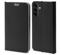 Moozy Coque pour Samsung Galaxy A56 a Rabat Carbone, Protection pour Samsung A56 de Contour Métallique Antichoc Housse Étui Portefeuille avec Porte-Cartes, Noir
