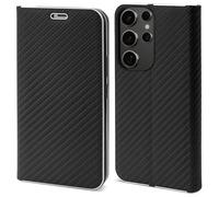 Moozy Coque pour Samsung Galaxy S24 Ultra a Rabat Carbone, Protection Housse pour s24 Ultra de Contour Métallique, Étui Case avec Porte-Cartes, Noir
