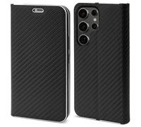 Moozy Coque pour Samsung Galaxy S25 Ultra a Rabat Carbone, Protection pour Samsung S25 Ultra de Contour Métallique Antichoc Housse Étui Portefeuille avec Porte-Cartes, Noir