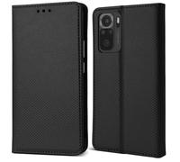 Moozy Étui à rabat pour Xiaomi Redmi Note 10 et Redmi Note 10S, noir - Étui portefeuille à rabat magnétique intelligent avec porte-cartes et support, emplacements pour cartes de crédit, fonction béqui
