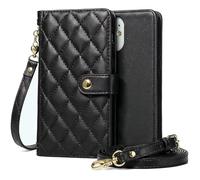 Moozy Valentelle Coque pour iPhone 15 (6.1"), Portefeuille Étui Cuir PU Matelassé avec Porte Carte Bandoulière Réglable & Dragonne, Pochette Housse pour Femme, Noir