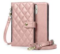 Moozy Valentelle Coque pour iPhone 16 Pro (6.3"), Portefeuille Étui Cuir PU Matelassé avec Porte Carte Bandoulière Réglable & Dragonne, Pochette Housse pour Femme, Or Rose