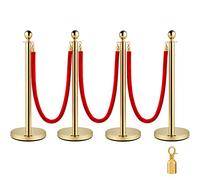 VEVOR 4 Poteaux de Guidage Poteaux de Séparation d'Or avec 3 Cordes en Velours Rouges 1,5 m, 4 PCS Poteaux de Contrôle des Foules en Acier Inoxydable Connexion à Quatre Voies pour Contrôle des Foules