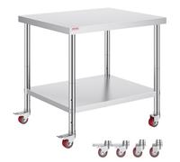Mophorn Table de Travail Cuisine 91x76x86 cm,Table de Travail Inox avec Roulettes et Freins,Capacité de Charge 100 kg pour Préparation des Aliments aux Restaurant/Cliniques