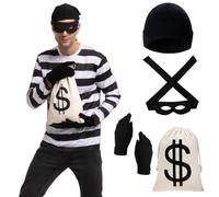 MOPQMKT Deguisement voleur, Costume de voleur de banque 4 pièces, Déguisement de cambrioleur, Cosplay de Cambrioleur de Banque Pirate Thème de Voleur de Bijoux, voleur, fête à thème