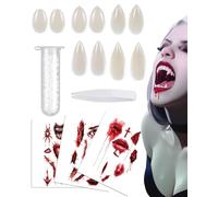 MOPZIJA 5 paires dents de vampire,fausse canine de vampire,crocs de vampire,dentier vampire adulte, avec 1 particule de dent tubulaire et des pinces, 3 autocollants tatouage, pour cosplay,Halloween