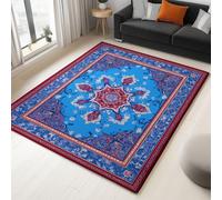 Moquette Polyester Motif Floral Rétro Et Géométrique 180 X 240 Cm - Porte Paillasson D'Entree Interieur Et Extérieur Tapis Bleu Antidérapant Et Anti-Poussière Tapis D’Entrée Imperméable Lavable