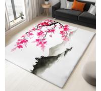 Moquette Polyester Style Peinture L'Encre Fleurs Cerisier Pagode 120 x 170 cm - Porte Paillasson d'Entree Interieur et Extérieur Tapis Blanc Antidérapant et Anti-Poussière Tapis Imperméable Lavable