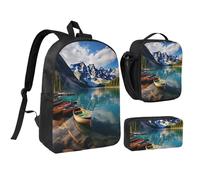 Moraine Lake Canoes Lot de 3 sacs à dos avec boîte à déjeuner isotherme, trousse à crayons légère pour ordinateur portable 43,2 cm, sac à déjeuner à bandoulière et trousse à crayons