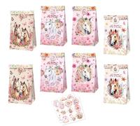 MORAINJAY 12 Sacs Cadeaux Course Hippique, Sachet Papier Anniversaire Enfant Cheval, Poneys Fournitures Fête Garçon Fille (18 Autocollants)