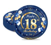 MORAINJAY 16 Pièces Assiette pour Fête Anniversaire 18 ans,9 Pouces/23cm Bleu Or Papier Assiette Dessert Plateau Vaisselle pour Décoration Anniversaire 18 ans Homme Femme