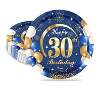 MORAINJAY 16 Pièces Assiette pour Fête Anniversaire 30 ans,7 Pouces/18cm Bleu Or Papier Assiette Dessert Plateau Vaisselle pour Décoration Anniversaire 30 ans Homme Femme