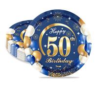 MORAINJAY 16 Pièces Assiette pour Fête Anniversaire 50 ans,7 Pouces/18cm Bleu Or Papier Assiette Dessert Plateau Vaisselle pour Décoration Anniversaire 50 ans Homme Femme