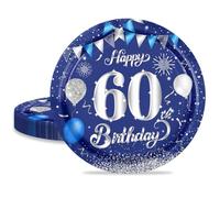 MORAINJAY 16 Pièces Assiette pour Fête Anniversaire 60 ans,7 Pouces/18cm Bleu Argent Papier Assiette Dessert Plateau Vaisselle pour Décoration Anniversaire 60 ans Homme Femme