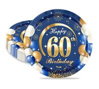 MORAINJAY 16 Pièces Assiette pour Fête Anniversaire 60 ans,7 Pouces/18cm Bleu Or Papier Assiette Dessert Plateau Vaisselle pour Décoration Anniversaire 60 ans Homme Femme