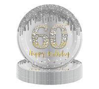 MORAINJAY 16 Pièces Assiette pour Fête Anniversaire 60 ans,9 Pouces/40cm Argent Or Papier Assiette Dessert Plateau Vaisselle pour Décoration Anniversaire 60 ans Homme Femme