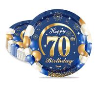 MORAINJAY 16 Pièces Assiette pour Fête Anniversaire 70 ans,7 Pouces/18cm Bleu Or Papier Assiette Dessert Plateau Vaisselle pour Décoration Anniversaire 70 ans Homme Femme